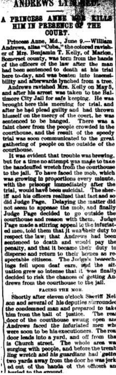 Shameful Past: Lynchings on Delmarva- William Andrews Lynched in Princess Anne in 1897